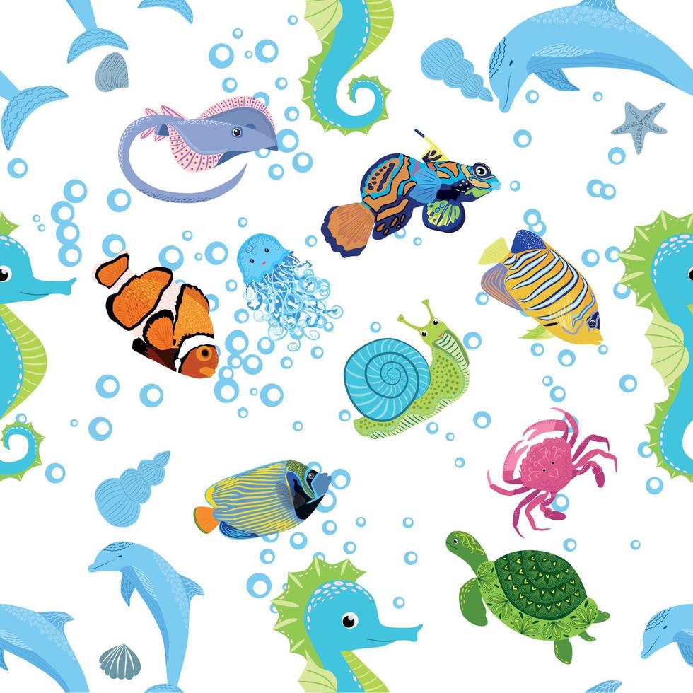 patrones sin fisuras de los habitantes del mar, hermoso personaje entre conchas marinas, algas, estrellas de mar, vida silvestre de animales marinos vector