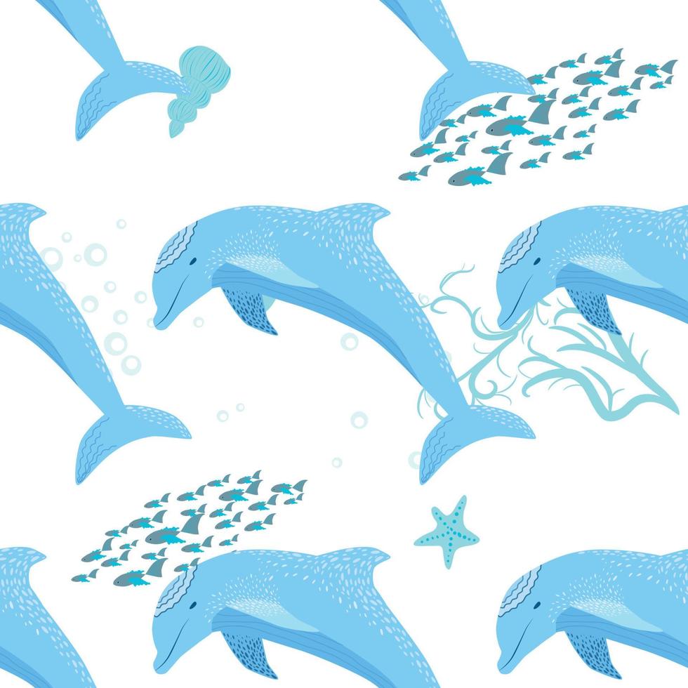 Dolphin, sea inhabitants seamless pattern, beautiful character among seashells, algae, starfish, marine wildlife vector
