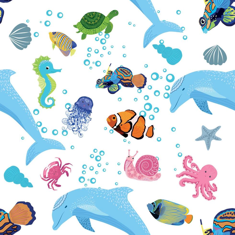 Marine life, fish, animals bright seamless pattern. sea travel, underwater diving animal tropical fish. Jellyfish, whale, shark, seahorse, clown fish, dolphin, turtle, emperor 11635943 Vector Art at Vecteezy Marine life, fish, animals bright seamless pattern. sea travel, underwater diving animal tropical fish. Jellyfish, whale, shark, seahorse, clown fish, dolphin, turtle, emperor 11635943 Vector Art at Vecteezy