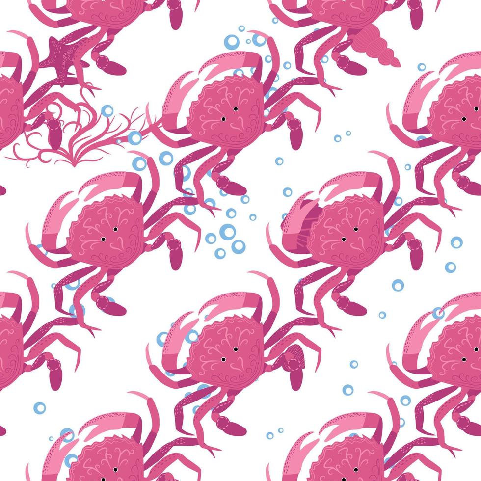 Crab marine life, fish, animals bright seamless patterns. sea travel, snorkeling with animals, tropical fish. vector