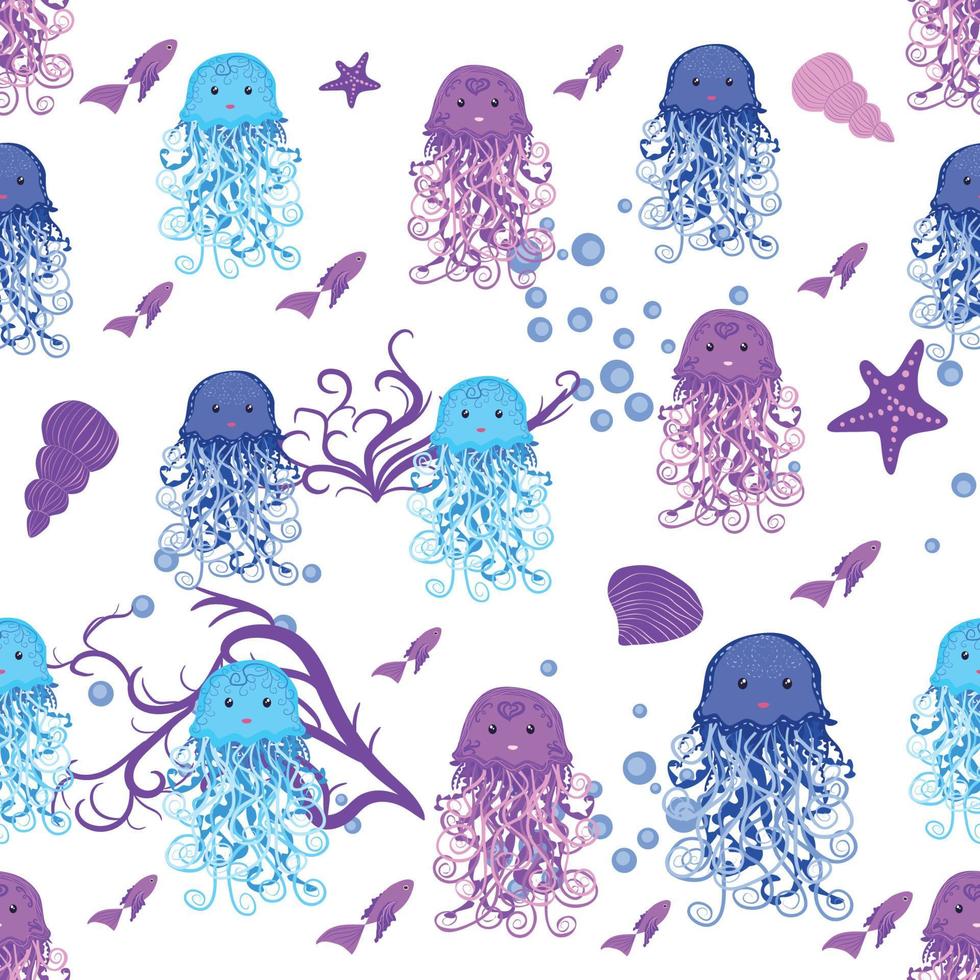 Jellyfish, fish, animals bright seamless patterns. Sea travel, snorkeling with animals, tropical fish vector