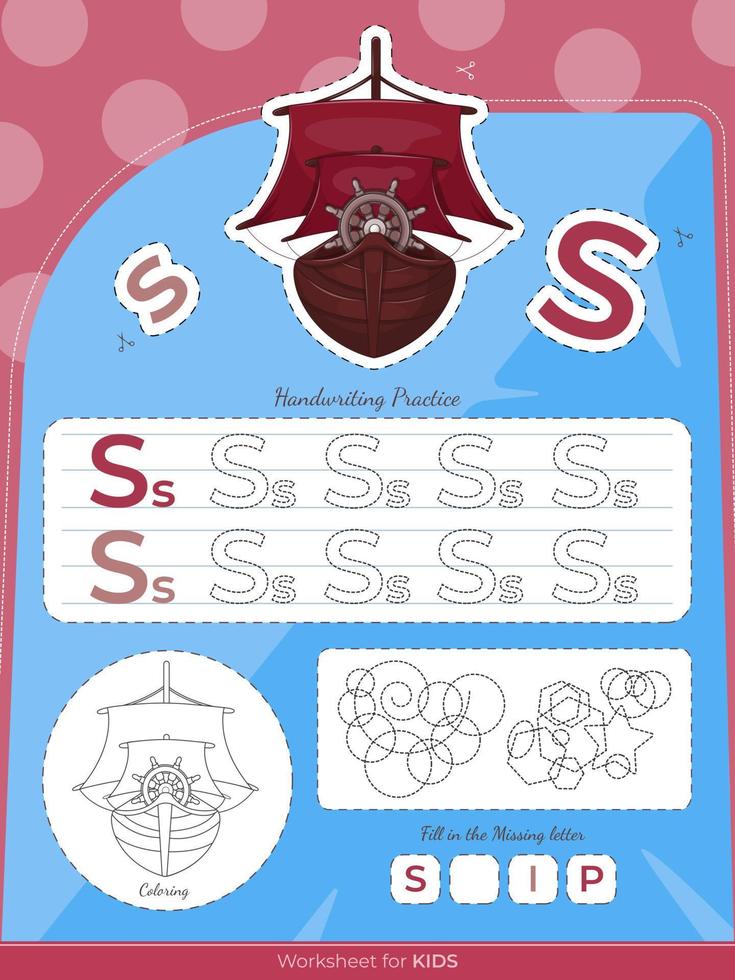 The education worksheet for kids with a ship and letters vector