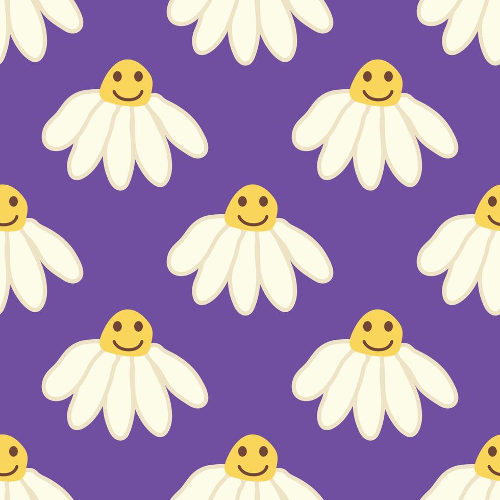 Chamomile smile 1970 pattern. Groovy daisy retro seamless pattern vector