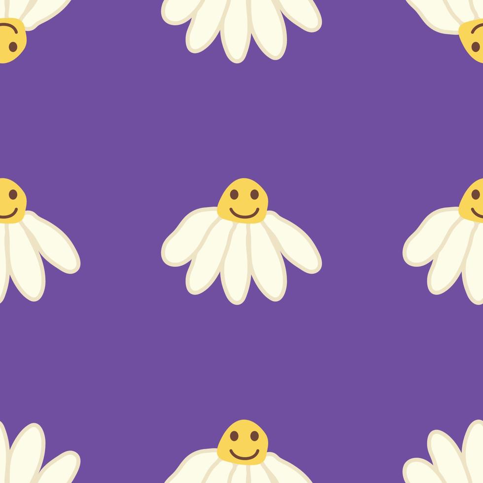Chamomile smile 1970 pattern. Groovy daisy retro seamless pattern vector