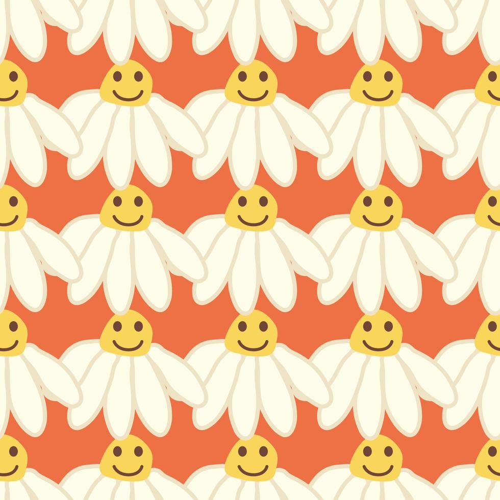 Chamomile smile 1970 pattern. Groovy daisy retro seamless pattern vector