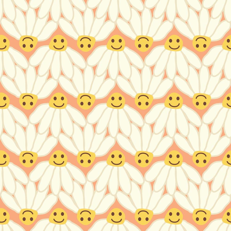 Chamomile smile 1970 pattern. Groovy daisy retro seamless pattern vector