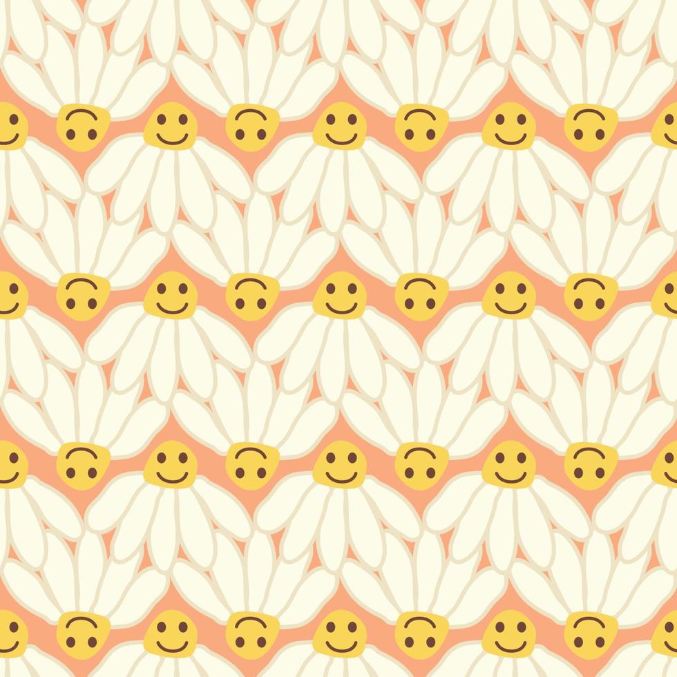 Chamomile smile 1970 pattern. Groovy daisy retro seamless pattern vector