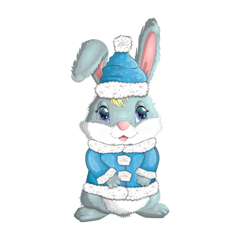 Cute cartoon rabbit in a hat and fur coat, scarf. Winter 2023, Christmas and New Year vector