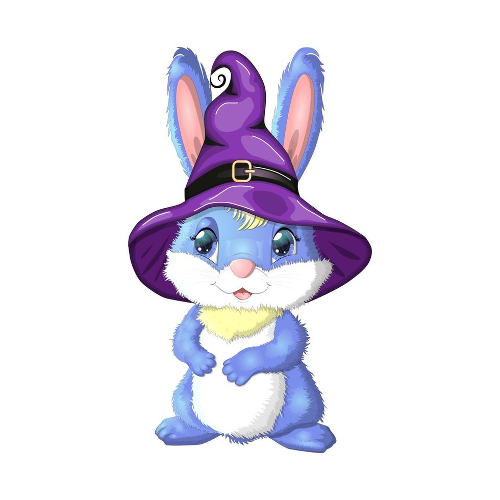 lindo conejito con sombrero de bruja con calabaza, escoba, poción. feliz concepto de festival de halloween. personaje mascota liebre año 2023 vector