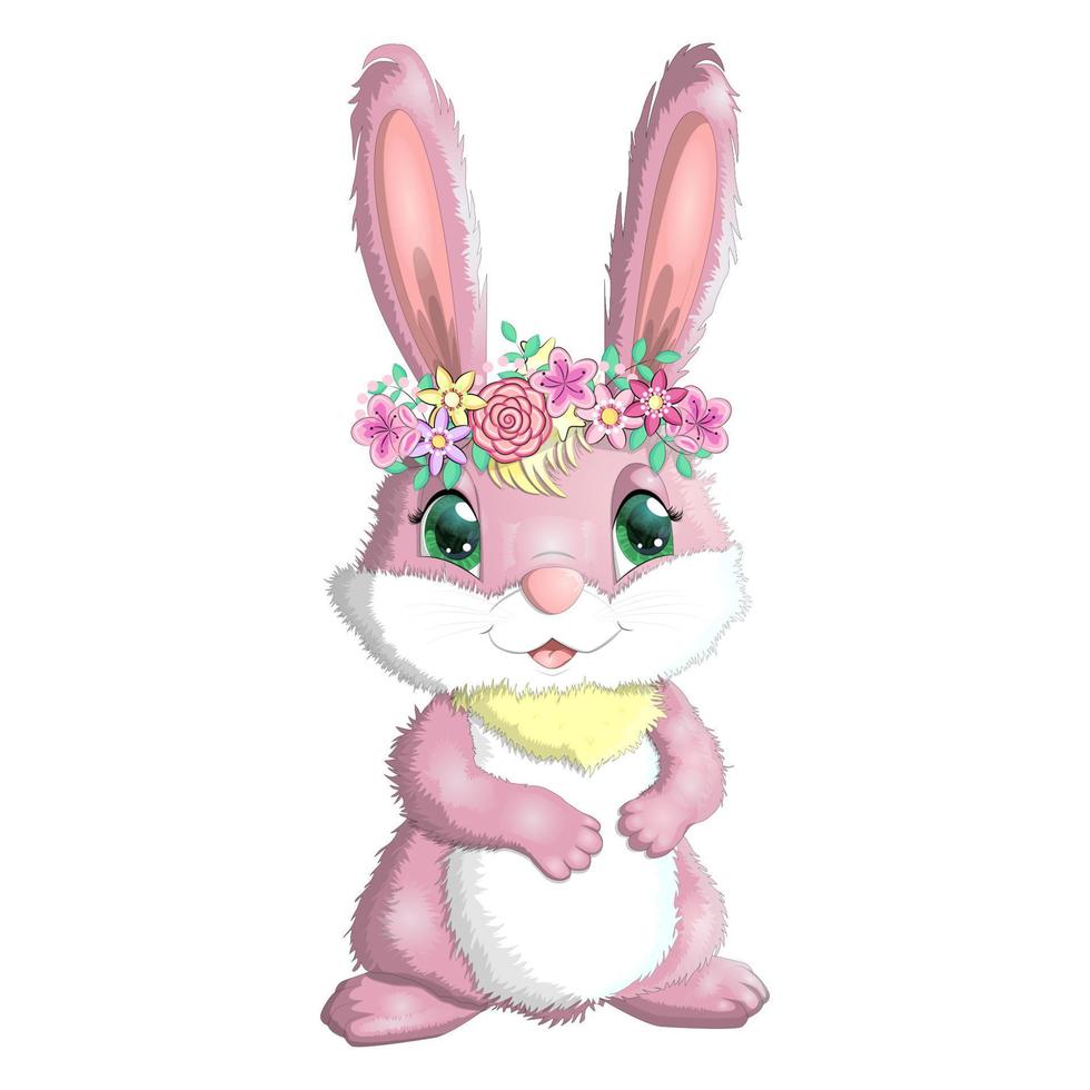 conejo de dibujos animados, liebre con flores. lindo personaje infantil, pascua, primavera, símbolo del año nuevo chino 2023 vector