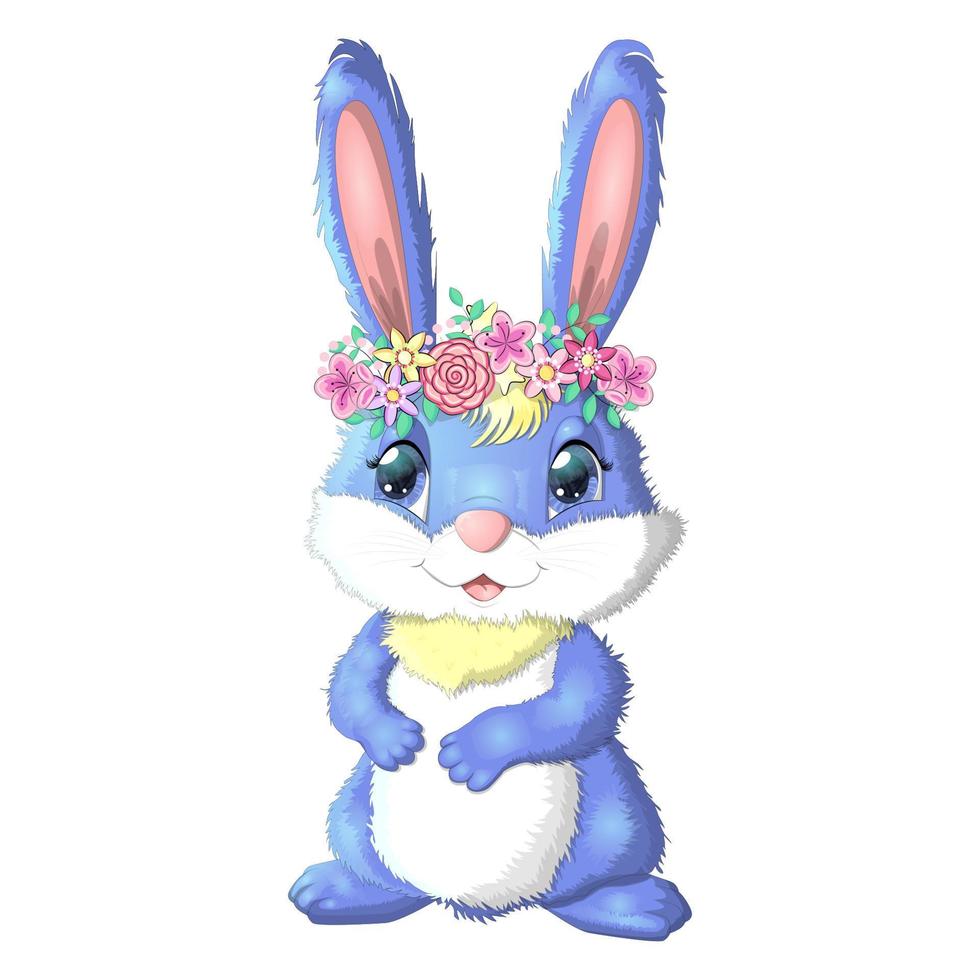 Cartoon rabbit, hare with flowers. Cute childish character, Easter, spring, symbol of 2023 Chinese New Year vector