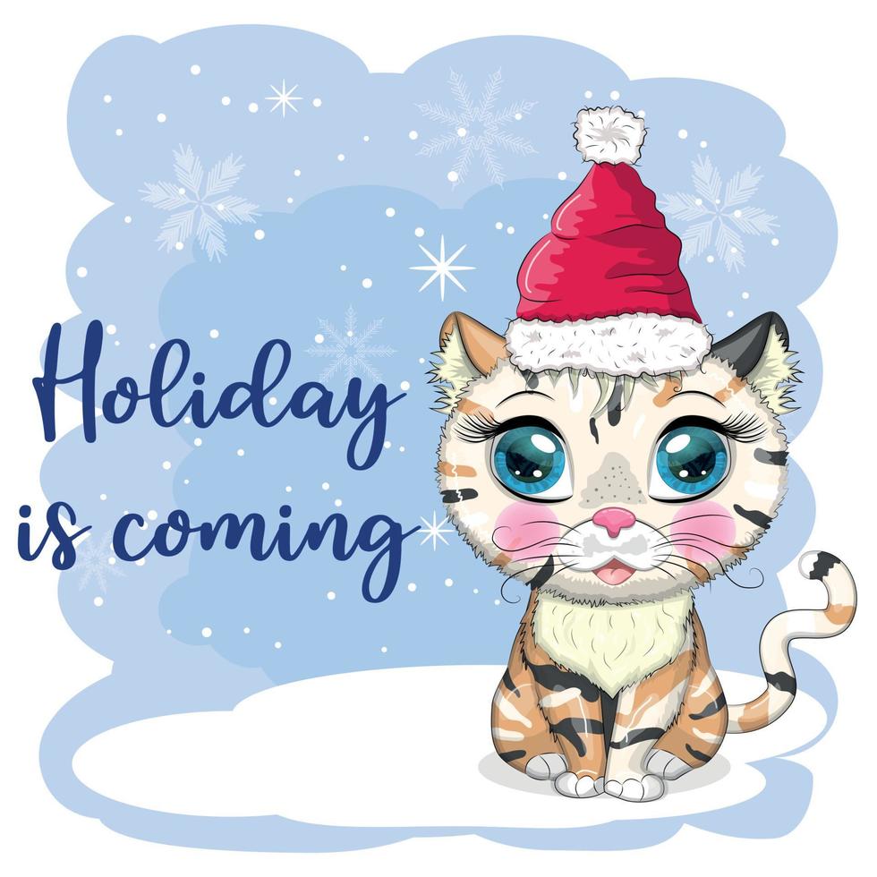 Cute cartoon cat in a Santa hat on a background of snow. Winter 2023, Christmas and Chinese New Year. vector