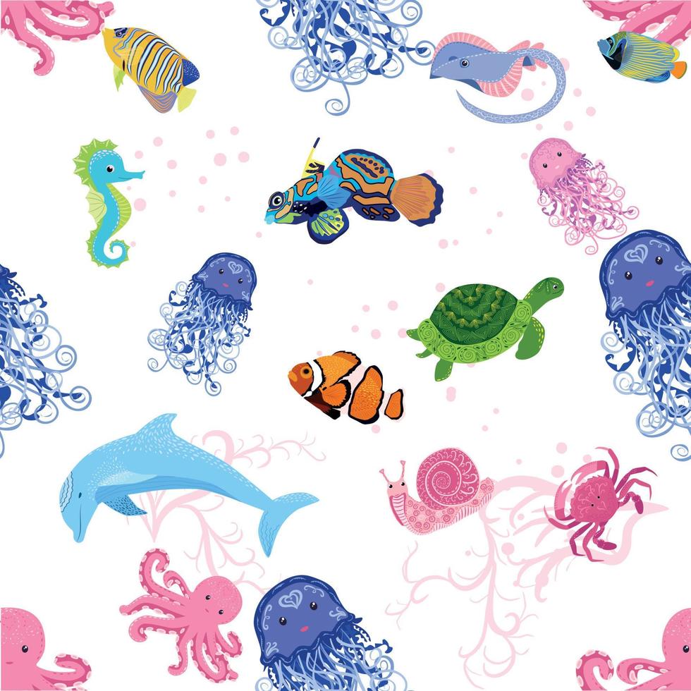 Marine life, fish, animals bright seamless pattern. sea travel, underwater diving animal tropical fish. Jellyfish, whale, shark, seahorse, clown fish, dolphin, turtle, emperor vector