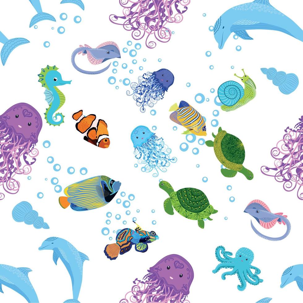 patrones sin fisuras de los habitantes del mar, hermoso personaje entre conchas marinas, algas, estrellas de mar, vida silvestre de animales marinos vector