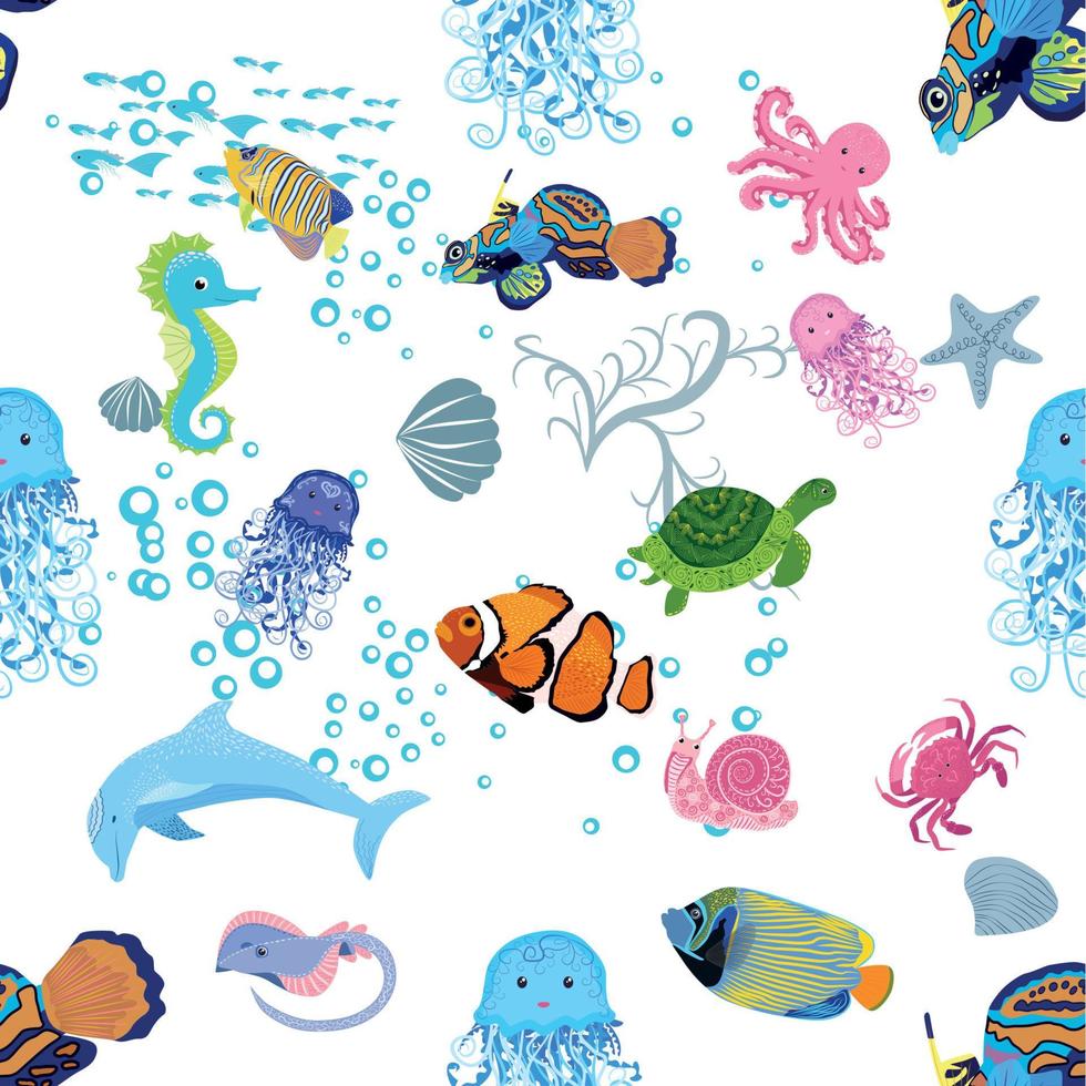 Marine life, fish, animals bright seamless pattern. sea travel, underwater diving animal tropical fish. Jellyfish, whale, shark, seahorse, clown fish, dolphin, turtle, emperor 11635996 Vector Art at Vecteezy Marine life, fish, animals bright seamless pattern. sea travel, underwater diving animal tropical fish. Jellyfish, whale, shark, seahorse, clown fish, dolphin, turtle, emperor 11635996 Vector Art at Vecteezy