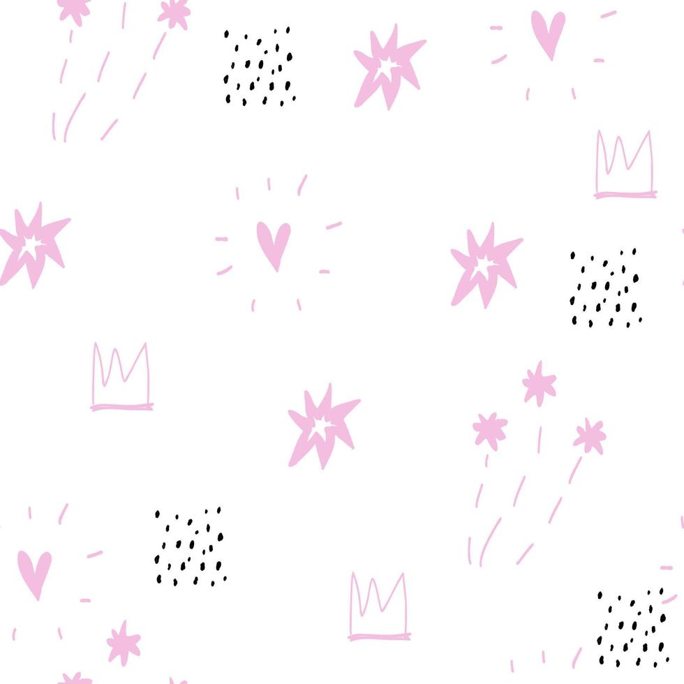 Cute white pattern with pink line crown, hearts, rays, stars seamless background for textile fabric. Minimalism paper scrapbook. vector
