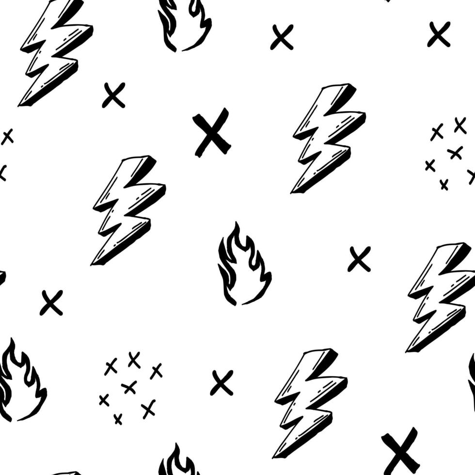 Cute black and white pattern with fire, lightning, crosses seamless background. Textiles for fabric textile, paper, kids. vector