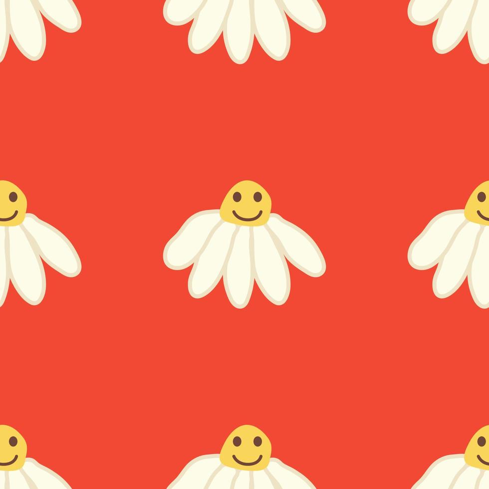 Chamomile smile 1970 pattern. Groovy daisy retro seamless pattern vector