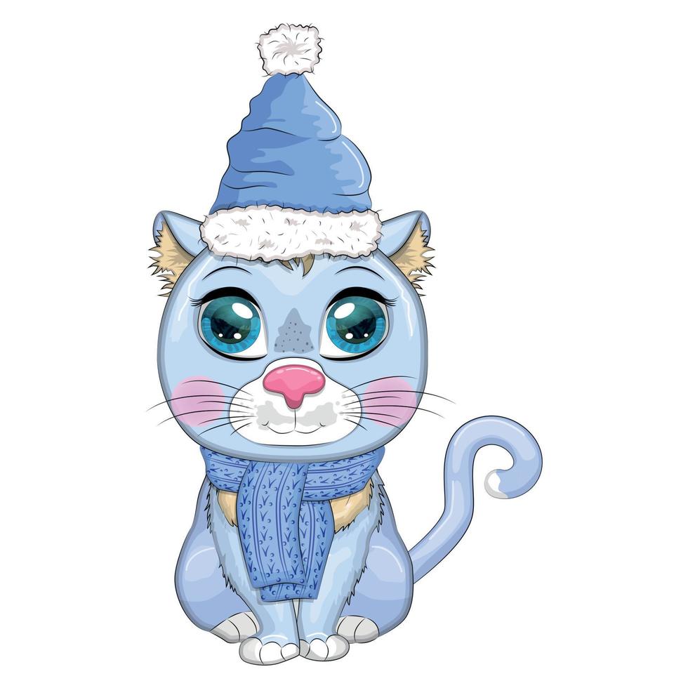 Cute cartoon cat wearing santa hat and scarf. Winter 2023, Christmas and Chinese New Year. vector