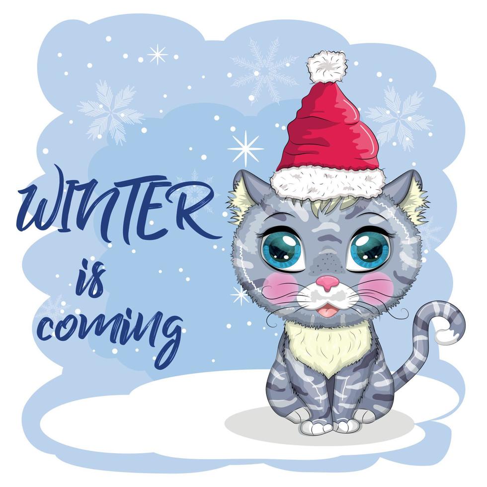 lindo gato de dibujos animados en un sombrero de santa sobre un fondo de nieve. invierno 2023, navidad y año nuevo chino. vector