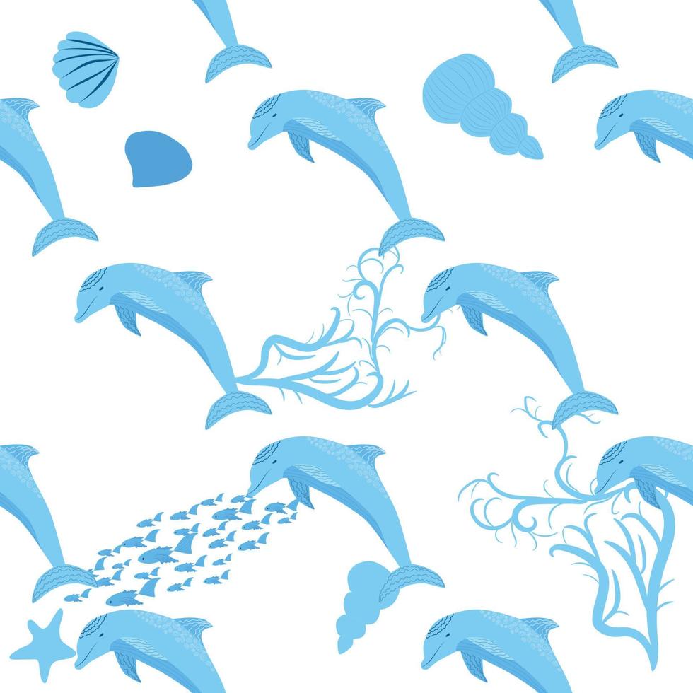 Dolphin, sea inhabitants seamless pattern, beautiful character among seashells, algae, starfish, marine wildlife vector