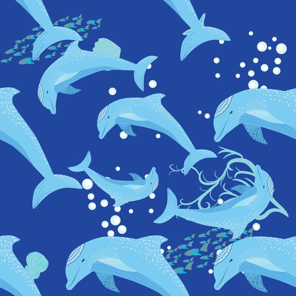 Dolphin, sea inhabitants seamless pattern, beautiful character among seashells, algae, starfish, marine wildlife vector