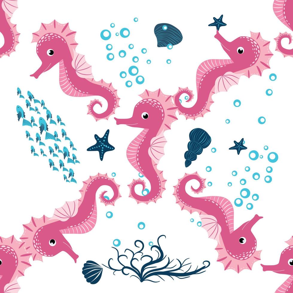 Seahorse, sea inhabitants seamless pattern, beautiful character among seashells, seaweed, starfish, marine vector