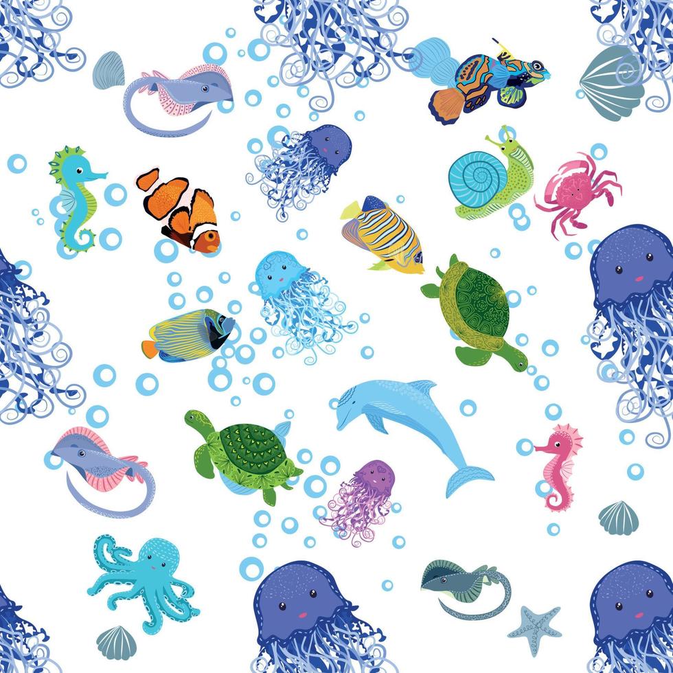 Marine life, fish, animals bright seamless pattern. sea travel, underwater diving animal tropical fish. Jellyfish, whale, shark, seahorse, clown fish, dolphin, turtle, emperor vector