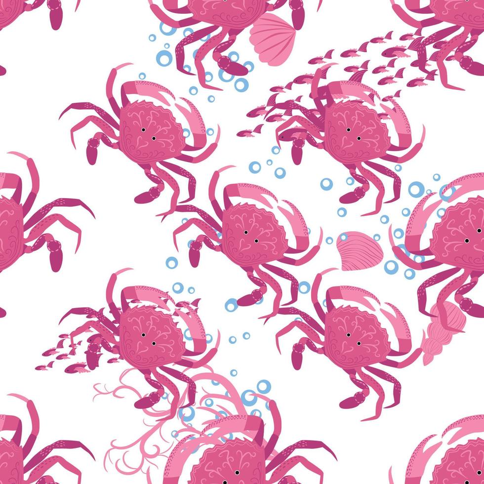 Crab marine life, fish, animals bright seamless patterns. sea travel, snorkeling with animals, tropical fish. vector