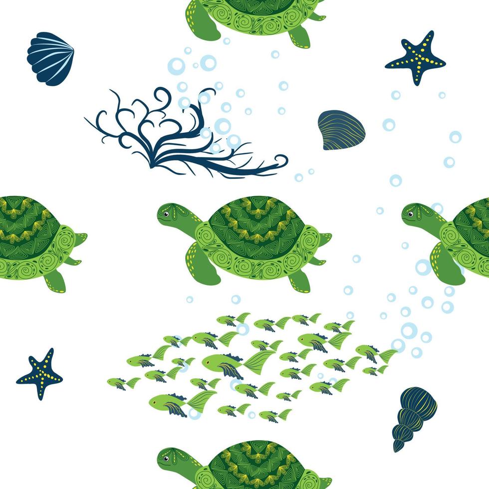 Turtle green seamless pattern, beautiful character among seashells, seaweed, starfish, sea animals wildlife nature. Nature underwater, marine wild fish in the ocean zoo. vector