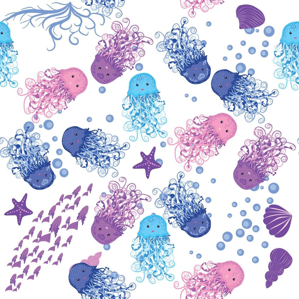 Jellyfish, fish, animals bright seamless patterns. Sea travel, snorkeling with animals, tropical fish vector