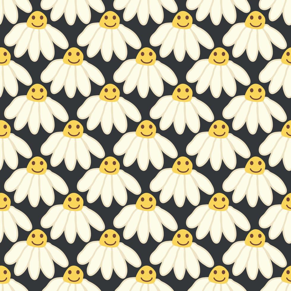 Chamomile smile 1970 pattern. Groovy daisy retro seamless pattern vector