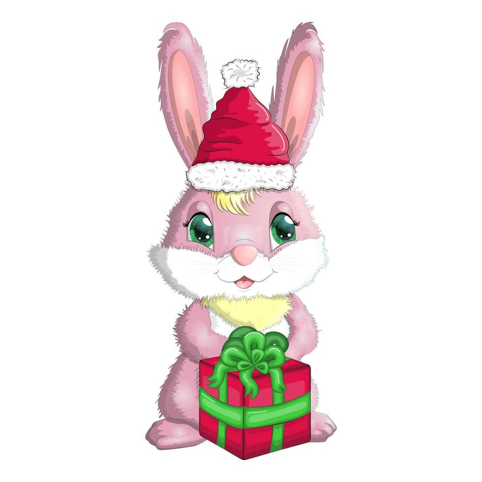 lindo conejo de dibujos animados con sombrero de santa con un regalo. invierno 2023, navidad y año nuevo vector
