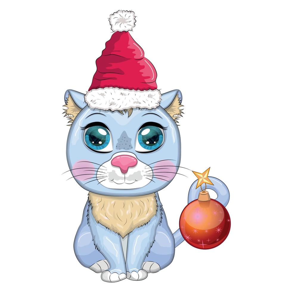 lindo gato de dibujos animados con sombrero de santa con regalo, bola de navidad, candy kane. invierno 2023, navidad y nuevo chino vector