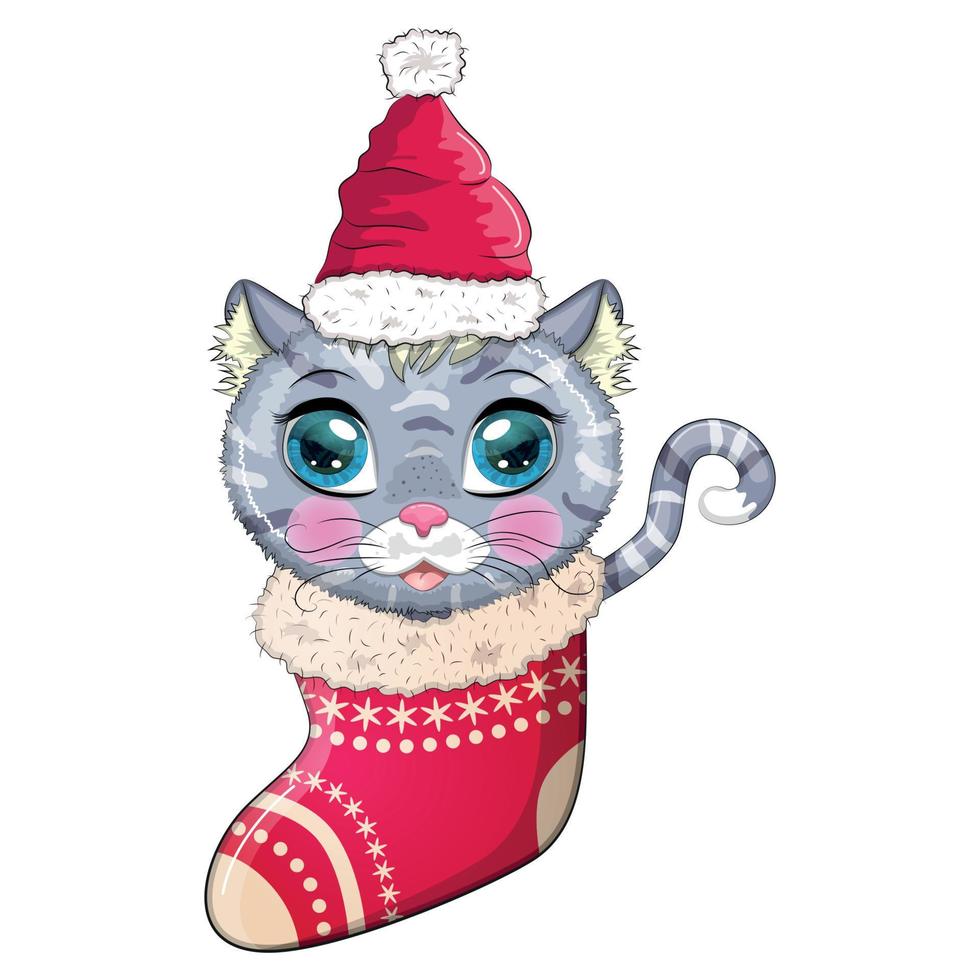 Cute cartoon cat in a Santa hat in a Christmas stocking. Winter 2023, Christmas and Chinese New Year. vector