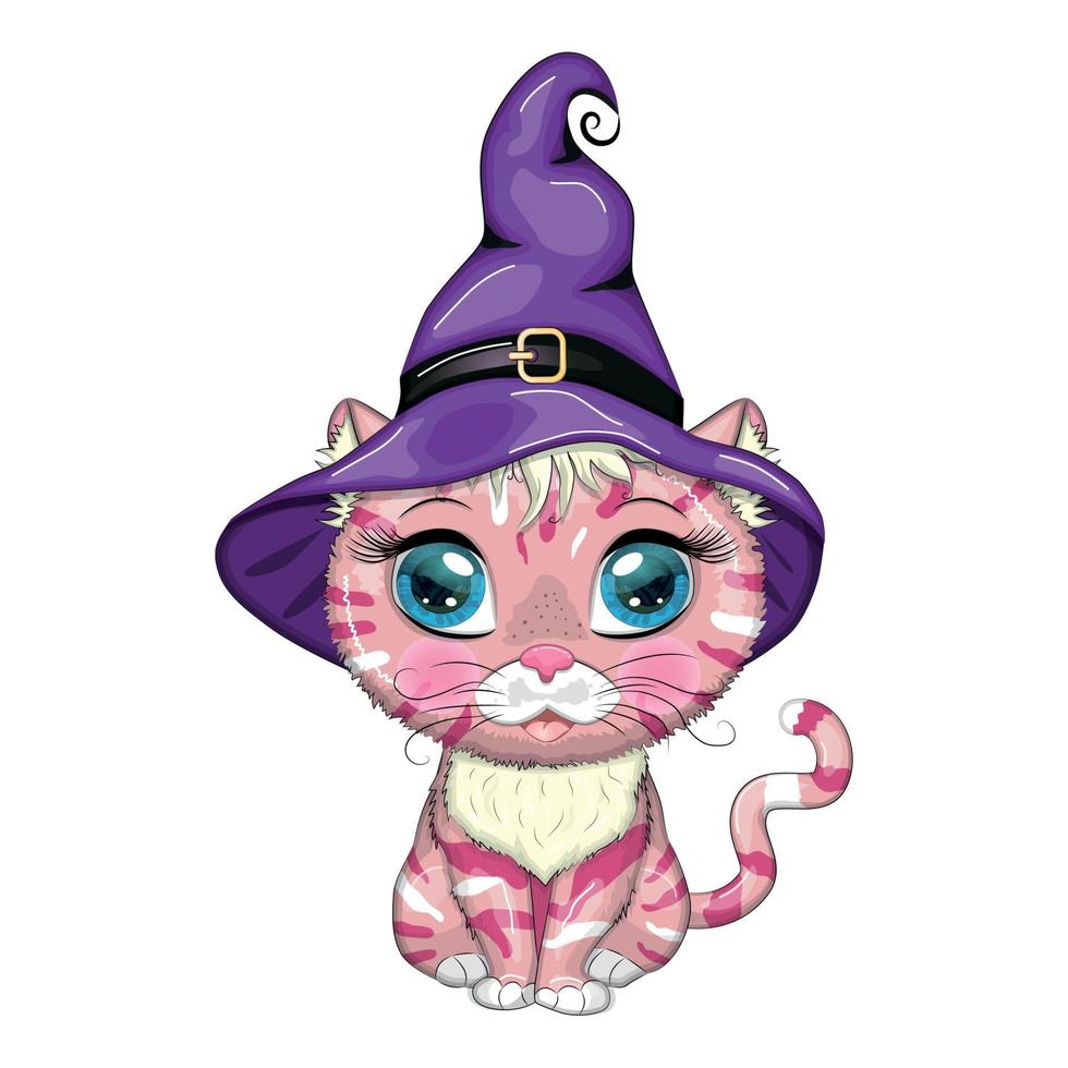 gato de dibujos animados con sombrero de bruja púrpura con escoba, calabaza, poción. personaje de halloween, cartel. símbolo de 2023 vector