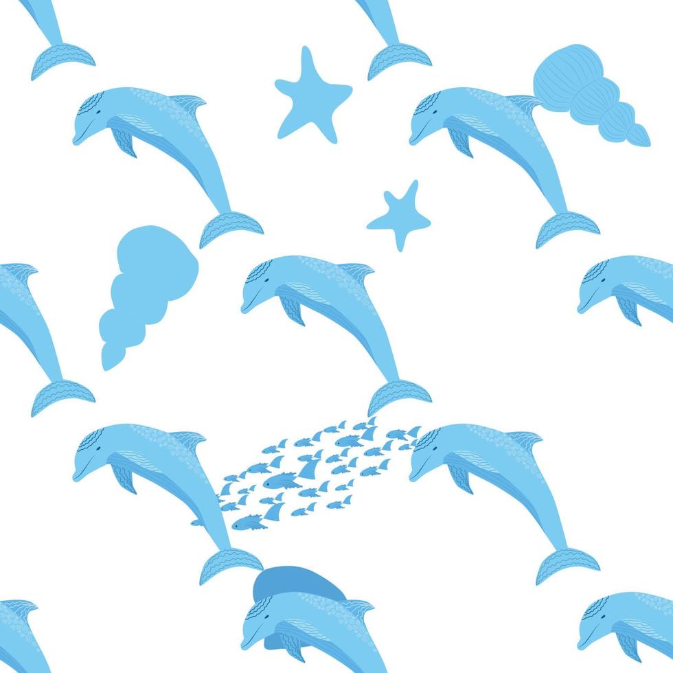Dolphin, sea inhabitants seamless pattern, beautiful character among seashells, algae, starfish, marine wildlife vector
