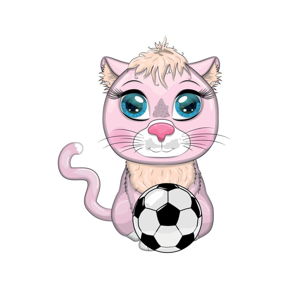 Cartoon cat with a soccer ball. Summer, vacation. Cute child character, symbol of 2023 new chinese year vector