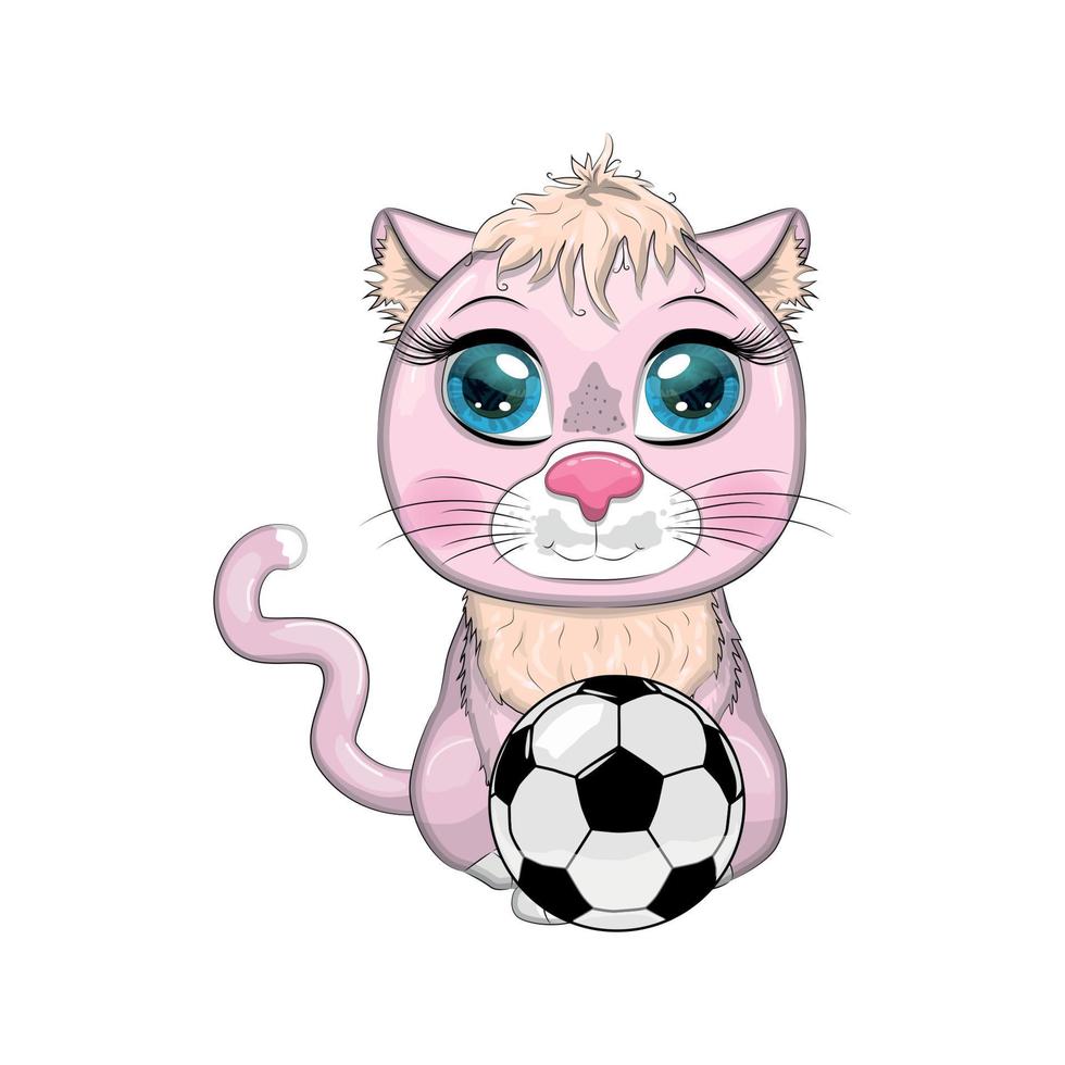 gato de dibujos animados con una pelota de fútbol. vacaciones de verano. lindo personaje infantil, símbolo del nuevo año chino 2023 vector