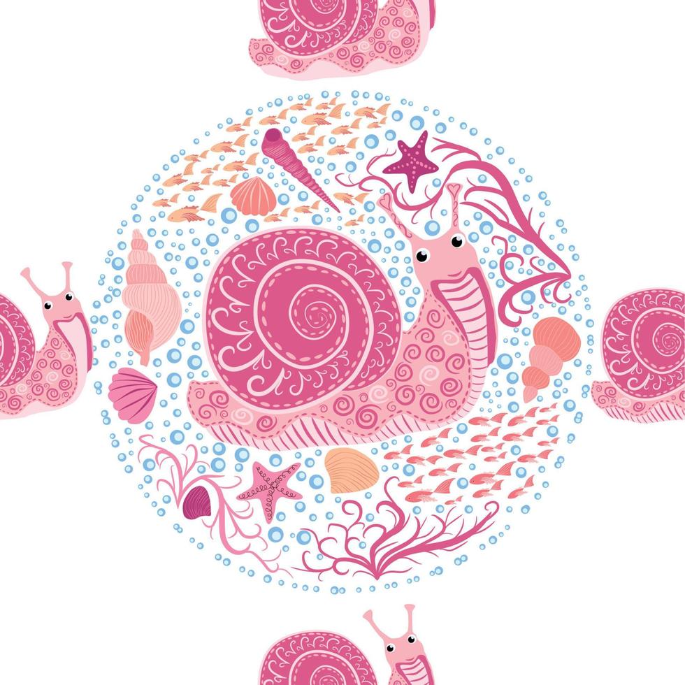 Snail pink, sea inhabitants seamless pattern, beautiful character among seashells, seaweed, starfish vector