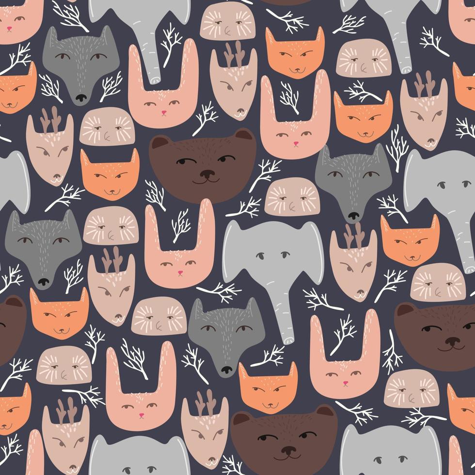 Seamless vector pattern with animal faces in doodle style. Children's pattern for printing on pastel linen and stationery.