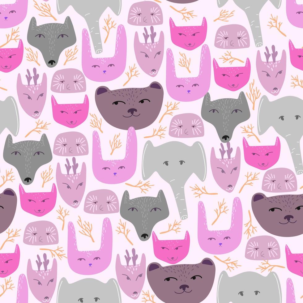 Seamless vector pattern with animal faces in doodle style. Children's pattern for printing on pastel linen and stationery.