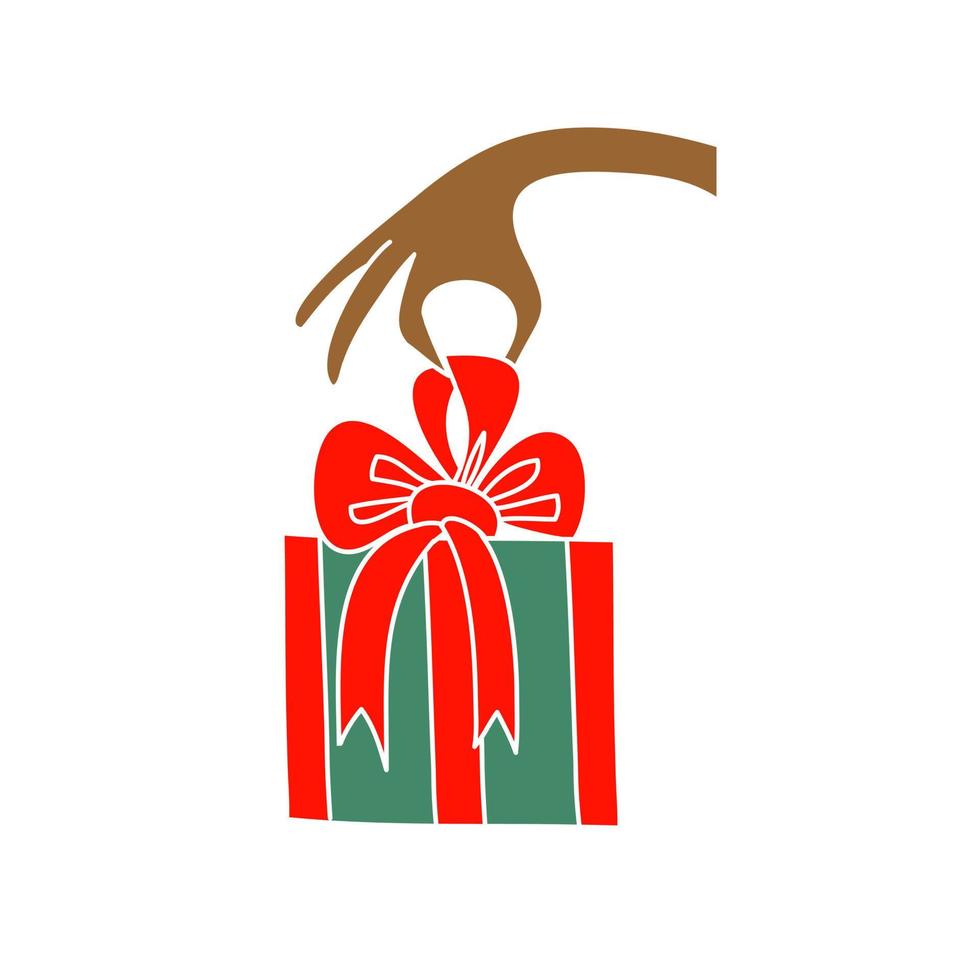 A hand holds a gift in a gift box, a Christmas souvenir isolated on a white flat vector illustration.