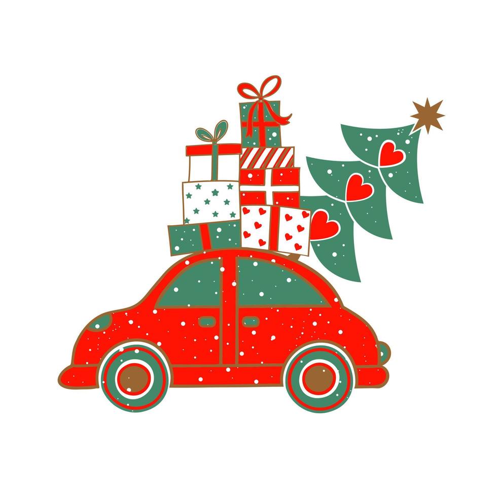 Christmas red car carries gifts and a Christmas tree. vector