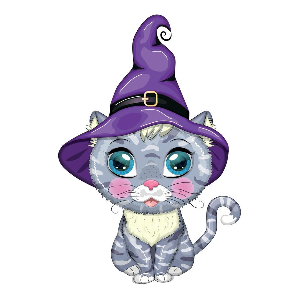 gato de dibujos animados con sombrero de bruja púrpura con escoba, calabaza, poción. personaje de halloween, cartel. símbolo de 2023 vector