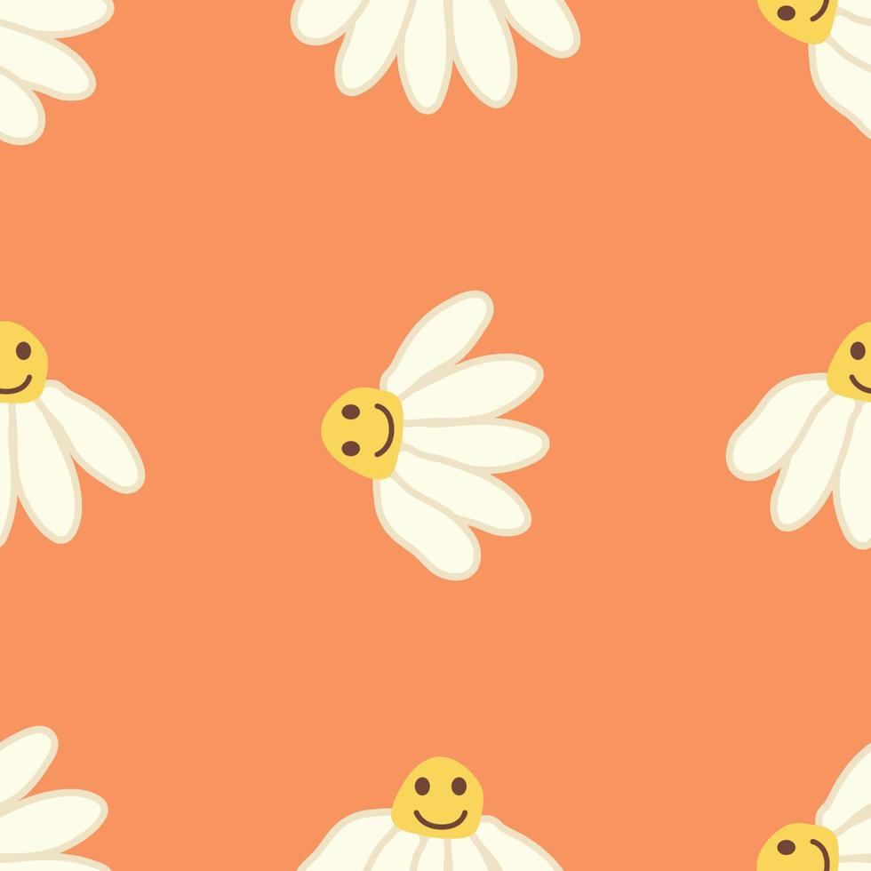 Chamomile smile 1970 pattern. Groovy daisy retro seamless pattern vector