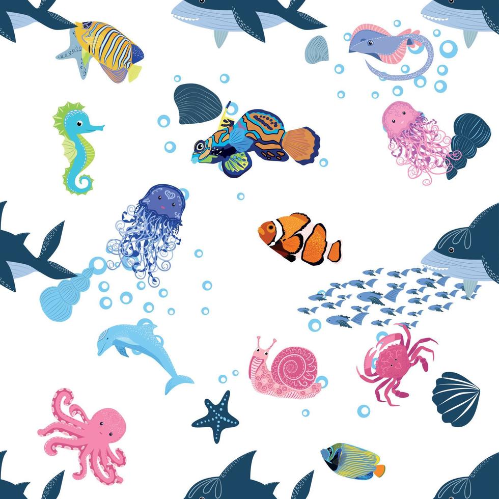 Marine life, fish, animals bright seamless pattern. sea travel, underwater diving animal tropical fish. Jellyfish, whale, shark, seahorse, clown fish, dolphin, turtle, emperor vector