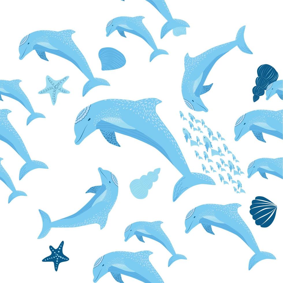 delfín, patrones sin fisuras de los habitantes del mar, hermoso personaje entre conchas marinas, algas, estrellas de mar, fauna marina vector