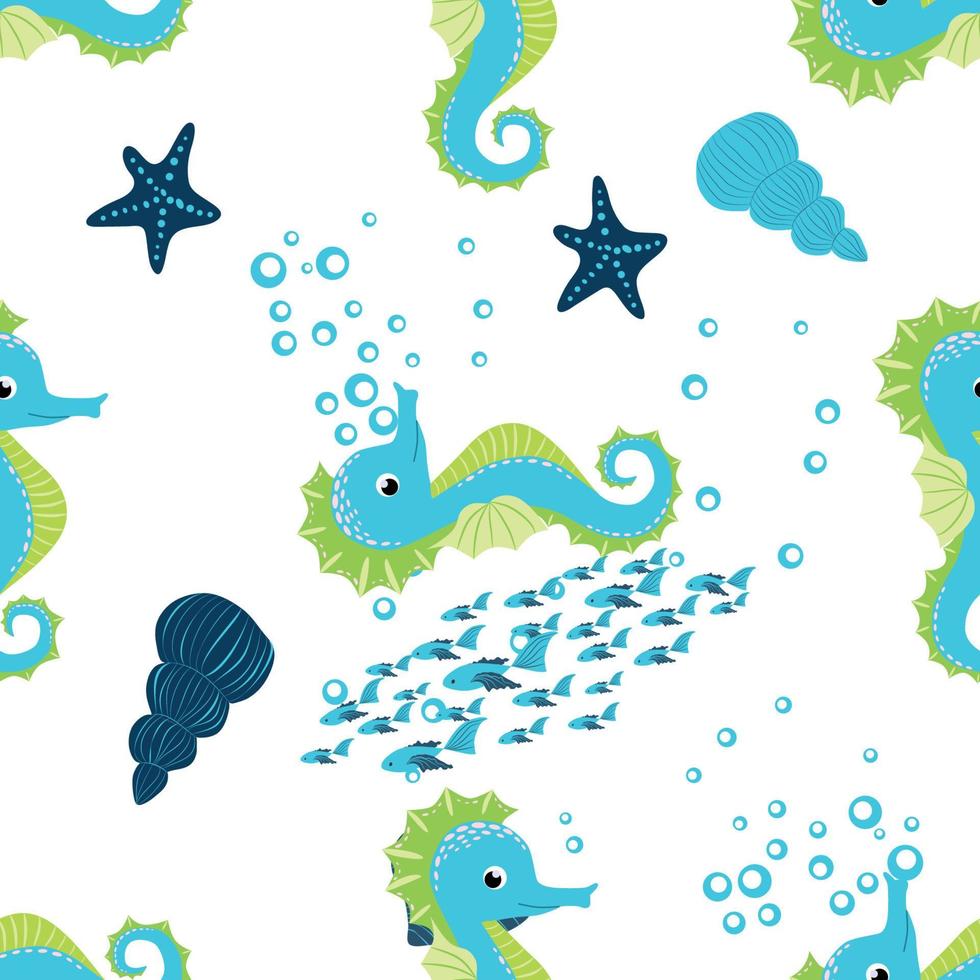 caballito de mar, patrones sin fisuras de los habitantes del mar, hermoso personaje entre conchas marinas, algas, estrellas de mar, marino vector