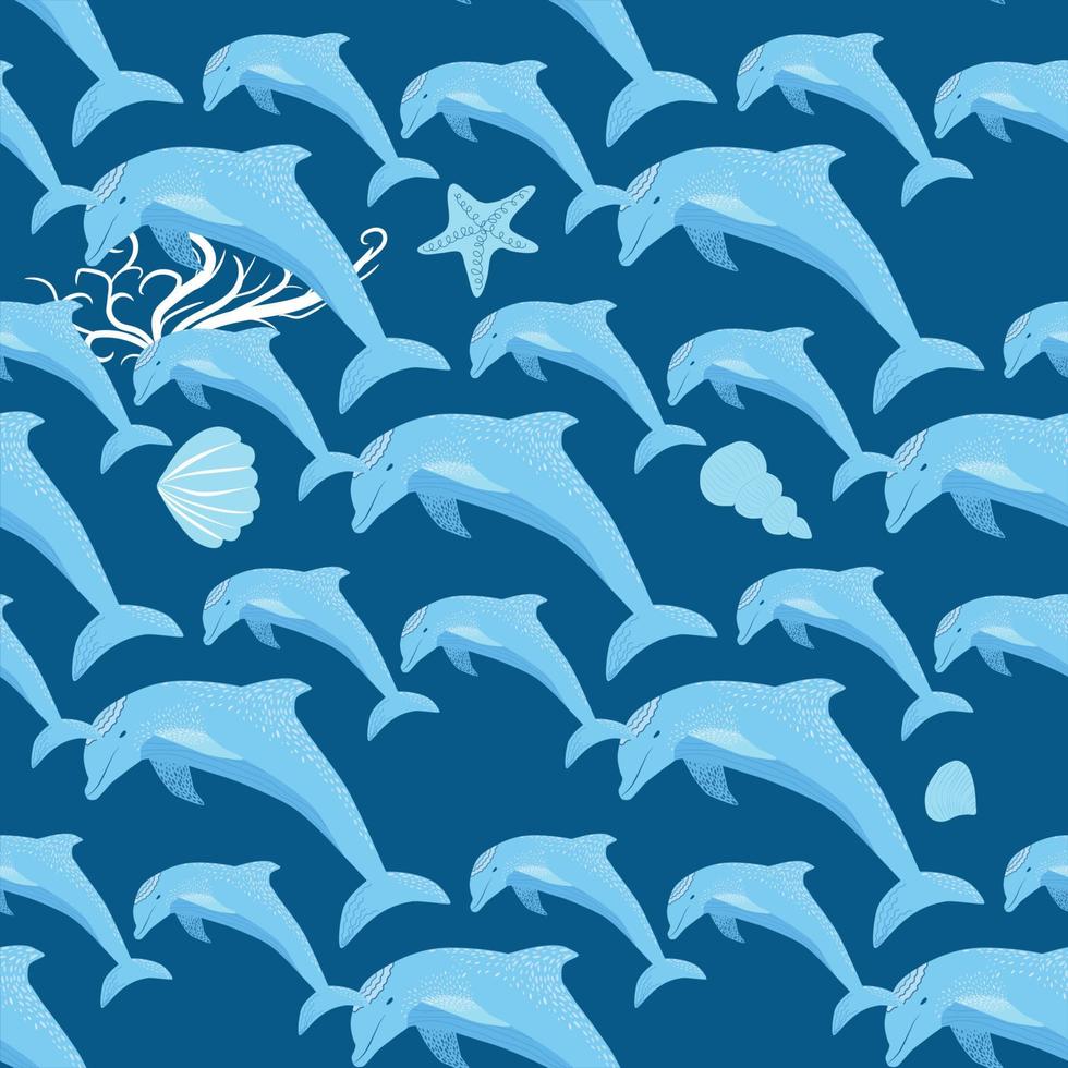 Dolphin, sea inhabitants seamless pattern, beautiful character among seashells, algae, starfish, marine wildlife vector